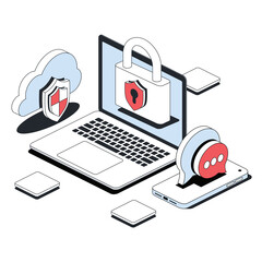 Laptop lock, cloud shield security, chat bubble smartphone screen. Vector 3d line isometric, color web icons, new flat style. Creative design idea for infographics.