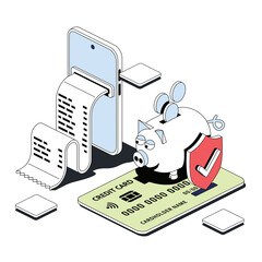 Online payment, credit debit card, electronic check, pig piggy bank, security shield. Vector 3d line isometric, color web icons, new flat style. Creative design idea for infographics.