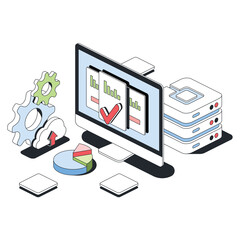Select checkbox, computer screen graphics, server hosting, gears. Vector 3d line isometric, color web icons, new flat style. Creative design idea for infographics.