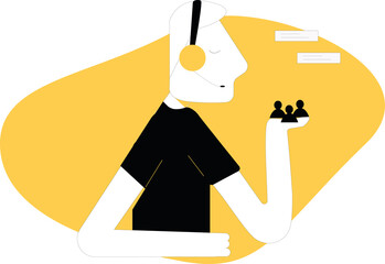 man with headphones and microphone. Concept illustration for support, assistance, call center. Vector illustration in a flat style.
