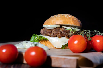 Burger made it at home. Next to it are red tomatoes on a branch. Close-up.