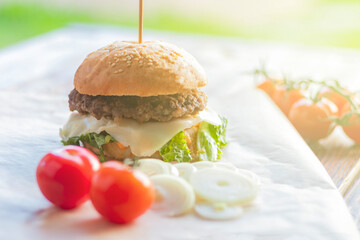 Small depth of field. Soft focus. Burger made it at home. Next to it are red tomatoes on a branch. Close-up.