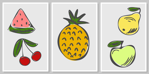 hand drawing fruits - watermelon, cherry, pineapple, apple, pear, - - wall art vector set, for wall art, poster, wallpaper, print
