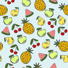 pineapple, apple, cherry, pear, watermelon, cartoon fruits, seamless pattern
