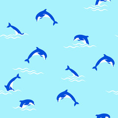 cartoon dolphins swimming and jumping in the water among the waves, seamless vector pattern
