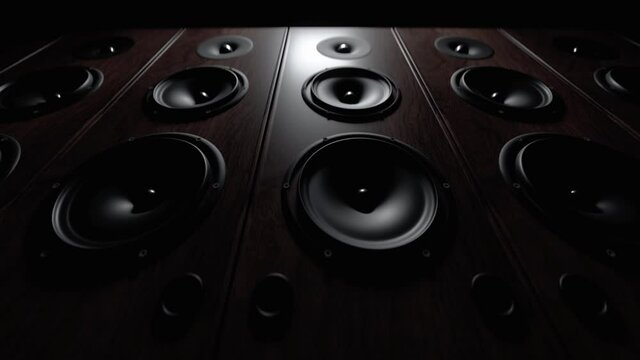 Modern audio speakers playing in loop endless footage. Closeup powerful bass membranes vibrate in same frequencies.Video Illustration of loud music with high decibel.