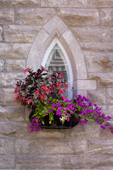 Fototapeta na wymiar Beautiful ogival window in old stone house with box full of blooming flowers, Quebec City, Quebec, Canada