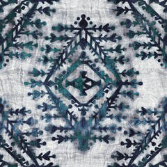 Seamless grungy tribal ethnic rug motif pattern. High quality illustration. Distressed old looking native style design in faded turquoise and gray colors. Old artisan textile seamless pattern.