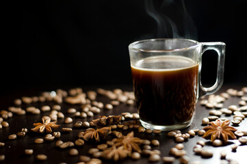 a cup of coffee on a black background with grains and badyan. High quality photo