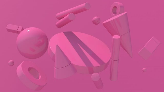 Pink glossy geometric shapes. Monochrome composition. Abstract animation, 3d render.
