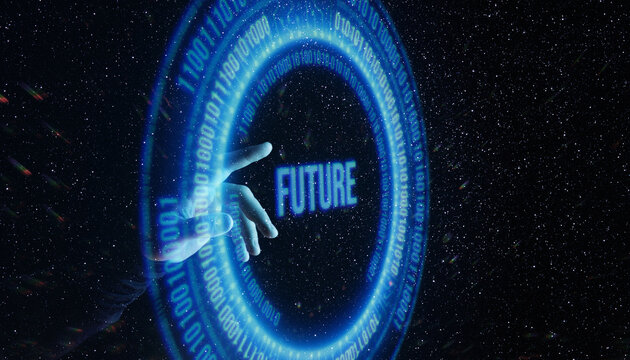 Hand pressing button on virtual screen. Augmented reality game, future technology, AI concept. Holographic interface to display data. Space background.
