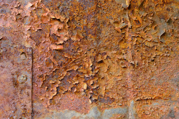 close-up of rusty metal surface, metal texture, rust and oxidized metal background. Old metal iron panel. Horizontal photo.