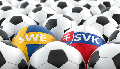 Fototapeta premium Sweden vs. Slovakia Soccer Match - Leather balls in Sweden and Slovakia national colors. 3D Rendering 