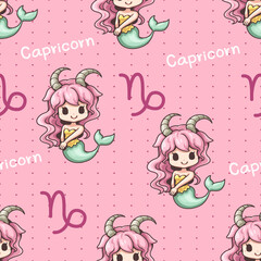 Seamless pattern capricorn zodiac cartoon. dragon, goat, mermaid. Cute character cartoon. Can be arranged in a row, left-right, top-bottom, seamlessly.