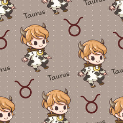 Seamless pattern taurus zodiac cartoon. bull, cow, animal. Cute character cartoon. Can be arranged in a row, left-right, top-bottom, seamlessly.
