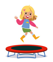 Girl jumping on a trampoline. Fun at the attraction. Vector illustration in cartoon children s style. Isolated funny clipart on a white background. Cute print