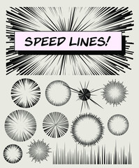 Fototapeta premium Set of vector elements for manga and comic book design. Hand-drawn lines, streaks to convey the impression of speed.