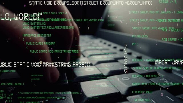 Creative visual of computer programming coding and software development shown by man working on computer keyboard with overlay of computer graphic displaying abstract program codes and computer script