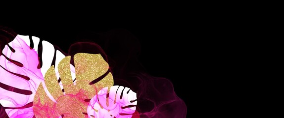 Modern monstera abstract art illustration with philodendron plant design, black background, pink accent, business copy space, luxury gold glitter texture © phillipes