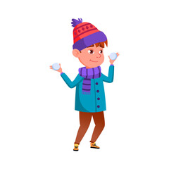 playful boy holding snowballs cartoon vector. playful boy holding snowballs character. isolated flat cartoon illustration