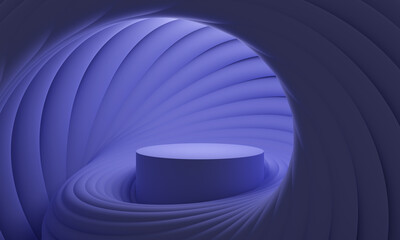 3D mock up podium in a futuristic spiral of rounded geometric shapes in purple palette. Abstract Modern platform for product or cosmetics presentation. Contemporary Stylish  background