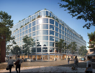 Contemporary office building with public plaza and pedestrians © mariano