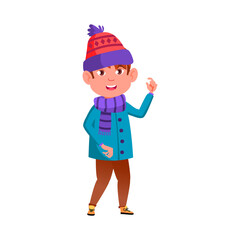boy kid wearing winter season clothing walking on street cartoon vector. boy kid wearing winter season clothing walking on street character. isolated flat cartoon illustration
