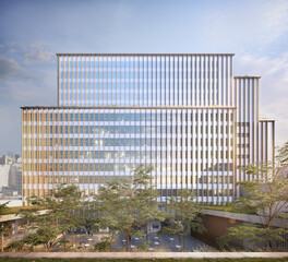 Contemporary office complex with glass facade and public plaza © mariano