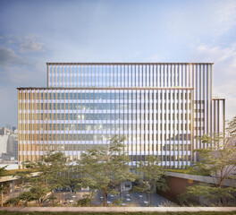 Modern office building with vertical fins and landscaped plaza © mariano