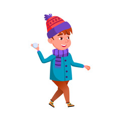 little boy in winter clothing throwing snow ball cartoon vector. little boy in winter clothing throwing snow ball character. isolated flat cartoon illustration