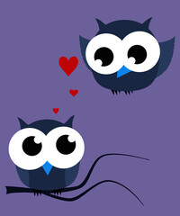 Two blue owls showing a couple. Red hearts on blue background.