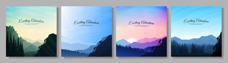 Vector illustration. Travel concept of discovering, exploring and observing nature. Hiking. Climbing. Adventure tourism. Flat design for social media, blog post, poster, invitation. gift card.