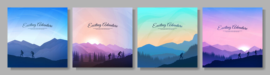 Vector illustration. Landscapes set. Travel concept of discovering, exploring and observing nature. Hiking. Adventure tourism. Friends going hike, climb on mountain. Design for social media, gift card