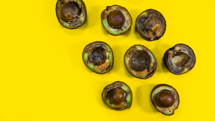 Many Bad Avocado on a yellow background. Creative composition of bad Food Fruits Avocado.Unhelthy food. Copy space on yellow.