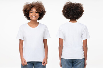 Front and back view of african american girl wearing blank t-shirt with copy space, isolated on white background - Powered by Adobe