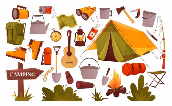 Camping and tourist complex. Elements - tent, bonfire, map and other items. Perfect for scrapbooking, crafts, posters, labels, stickers. Vector illustration.