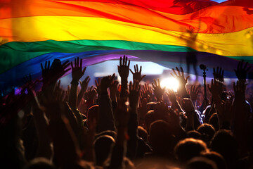 silhouette of a parade of gays and lesbians with a rainbow flag - symbol of love and tolerance -...