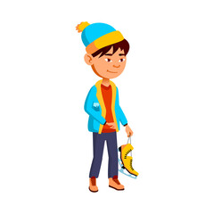 preteen boy in winter seasonal clothes holding skates cartoon vector. preteen boy in winter seasonal clothes holding skates character. isolated flat cartoon illustration