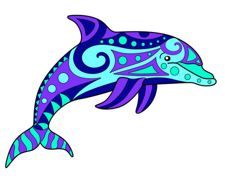 Dolphin - vector linear full color zentangle illustration - with marine mammal animal. Template for stained glass, batik or coloring. Bottle-nosed dolphin painted with zentangles.