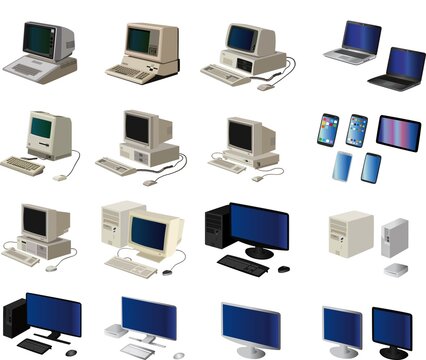vector graphics of desktop computers and mobile computers from 1978 till today