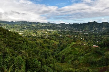 St. Vincent and the Grenadines- January 4, 2020: View of the Mesopotamia Valley from the Belmont Lookout. - obrazy, fototapety, plakaty