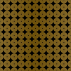 Black and gold concentric circles seamless pattern. Shiny background for Christmas or New Year designs. Golden abstract vector illustration