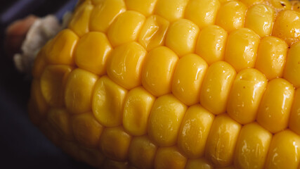 Delicious corn on the cob captured in an extreme close up. The brightly glowing yellow kernels form a recognizable pattern. The cob was a bit over boiled, as some dry kernels show.
