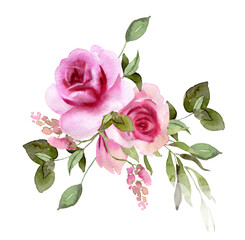 Watercolor rose flowers wreath. Floral bouquet for DIY arrangements, wedding invitations, anniversary, birthday, postcards, greetings, cards, logo. Botanical hand painted illustration