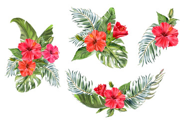 Hibiscus flower bouquet wreath frame. Tropical floral illustration. Watercolor hand painted card © Nataliya Kunitsyna