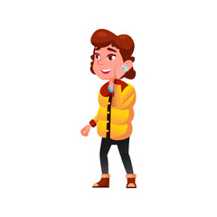 Obraz premium smiling girl teen in autumn season clothes speaking on cellphone cartoon vector. smiling girl teen in autumn season clothes speaking on cellphone character. isolated flat cartoon illustration