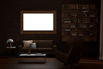Glowing TV screen mock up at night in the living room with brown wall.