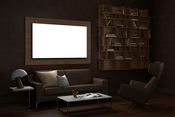 Glowing TV screen mock up at night in the living room with brown wall.