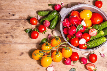 Assortment of ripe organic farmer red and yellow tomatoes, cucumbers, radish, garlic, and fresh basil leaves