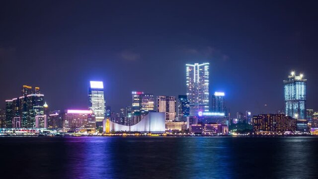 Night view of Hong Kong, Kowloon. Timelapse.